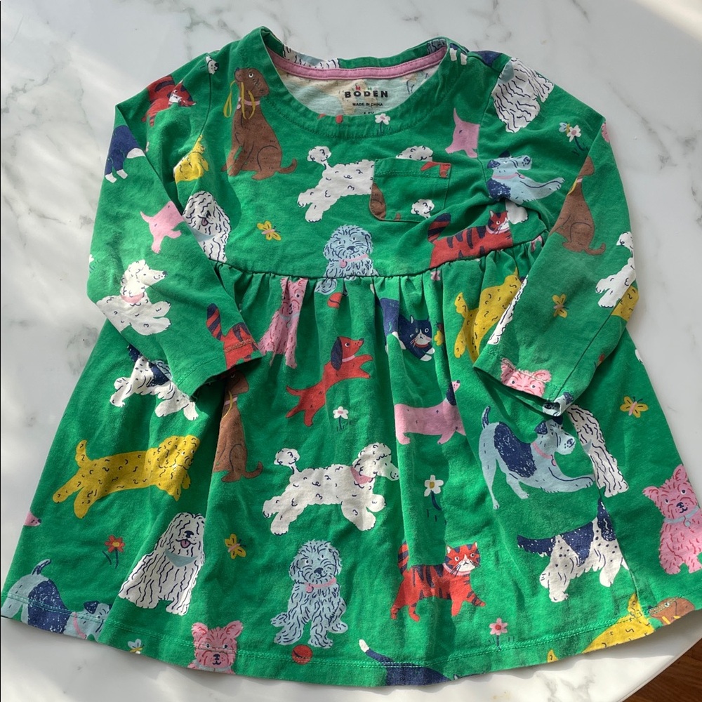 Mini Boden Multicolor Dog Print Green Dress